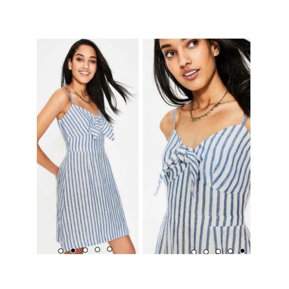 Boden Julia Linen Dress Womens 12R Mini Bow Stripe Strappy Empire Beachy Coastal